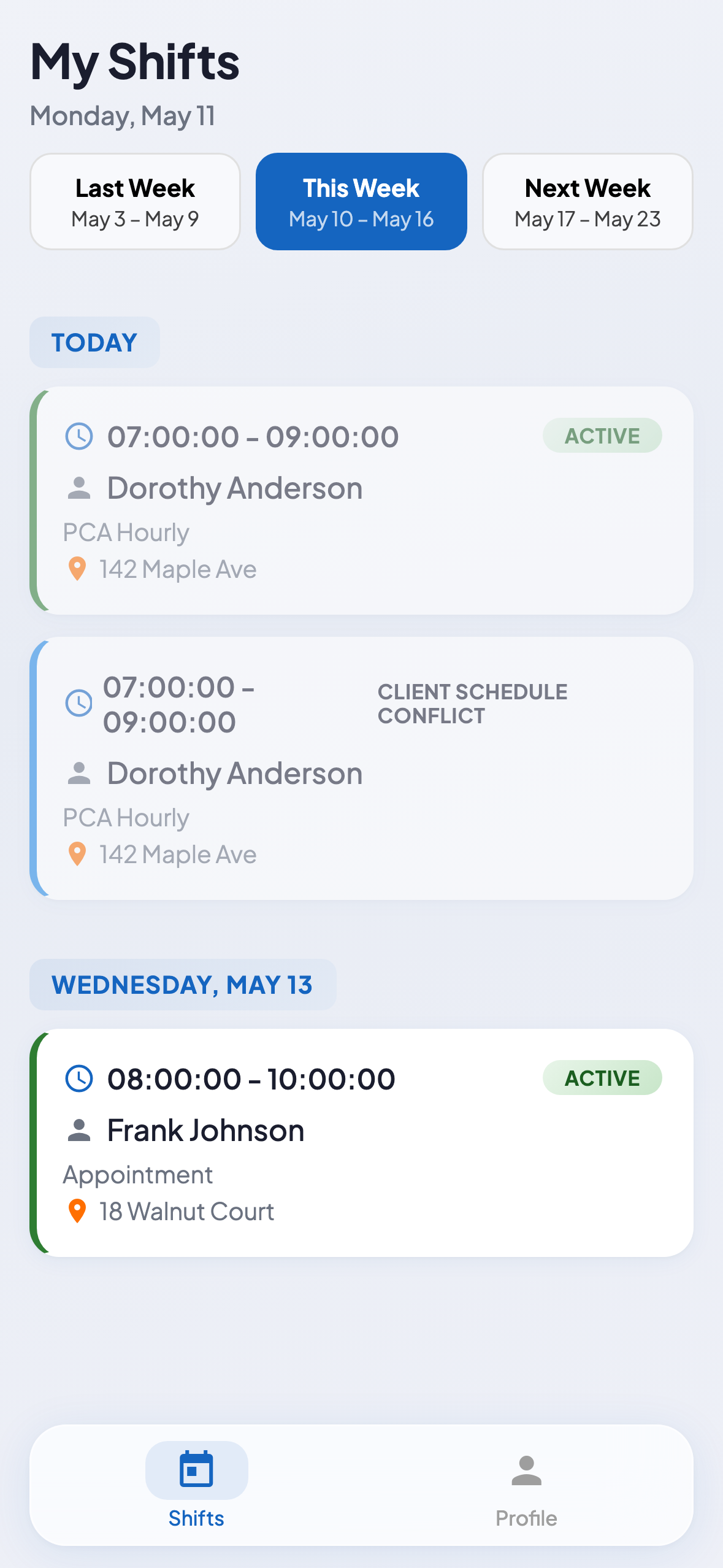 My Shifts — weekly schedule